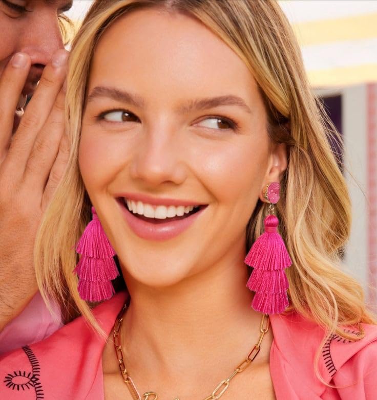 Me&Hz Colorful Layered Tassel Earrings Bohemian Statement Tiered Tassel Big Dangle Drop Earrings for Women Druzy Studs Valentine’s Day Gift - color: 02 Hot Pink