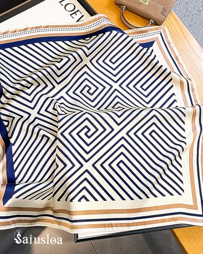 Saiusloa Neck Scarf For Womens Silky Head Scarves Hair Bandanas Square Scarf Fashion Accessories lightweight - color: 26-blue-white Geometry