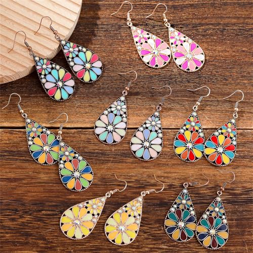 coadipress Bohemian Flower Teardrop Earrings for Women Trendy Vintage Colorful Hollow Out Flower Floral Dangle Earrings Bohemian Handmade Ethnic Statement Jewelry - color: Gold Yellow