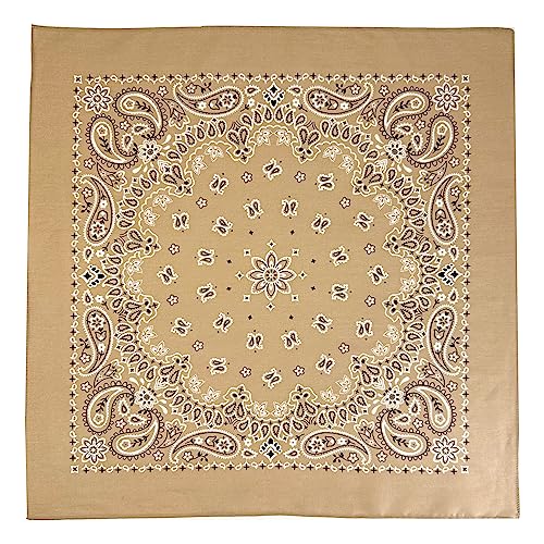 Gift Packaging Bandana for Men Women - 100% Cotton, Paisley, 22x22 In, 1 Pack - Large Bandanna Handkerchief Cowboy Hanky - color: Tan