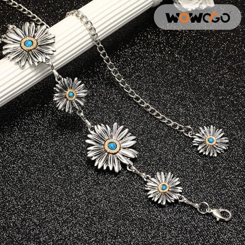 Western Turquoise Chain Belt for Women with Daisy Pattern Cowgirl Concho Metal Waist Belt for Boho Country - color: 1-silver(turquoise), size: Fit for Mid Waist up to 35"