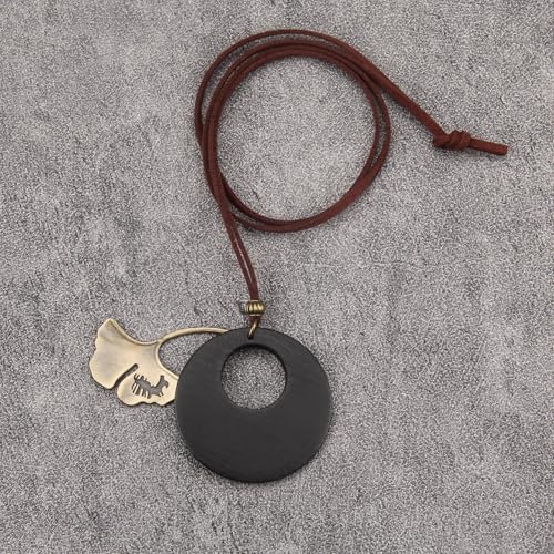 Kelake Leather Necklace for Women Men Teen Vinatge Boho Alloy Pendant Choker Jewelry Fashion Sweater Necklaces with Adjustable Genuine Leather Chain - color: Gold Ginkgo Leaf & Black Wood Pendant