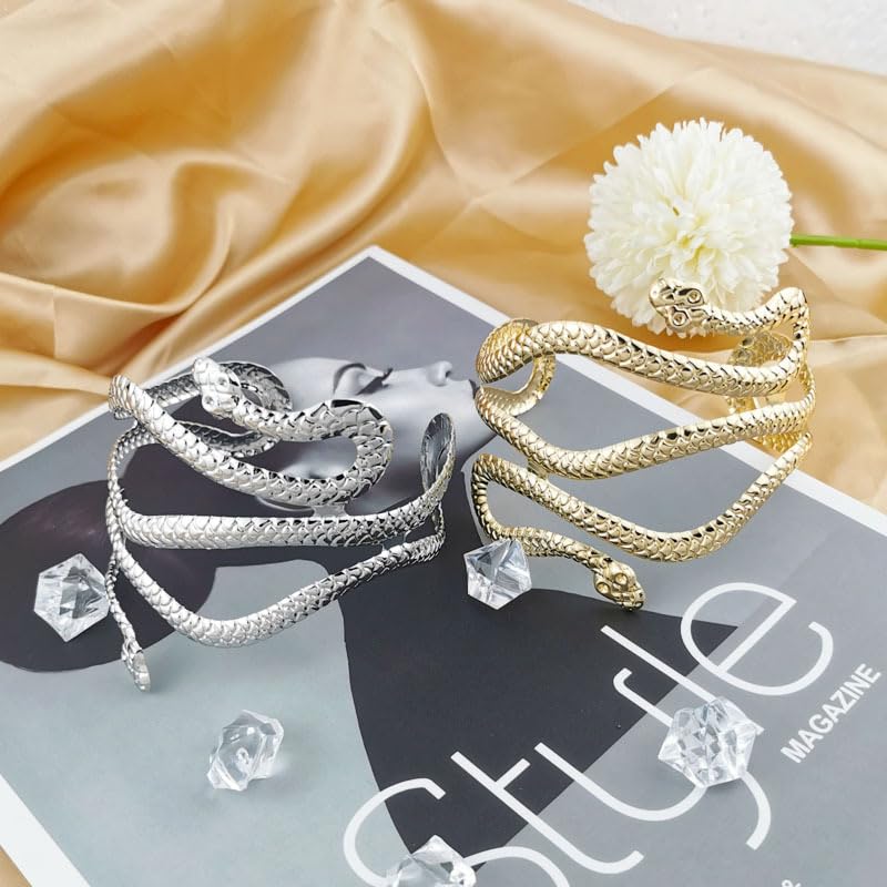 Pingyongchang 2 Pcs Cuff Bangle Bracelet for Women Open Wide Wire Bracelets Set Gold Wrist Cuff Wrap Bracelet Adjustable Classic Bohemia Birthday Gift - color: Snake Gold