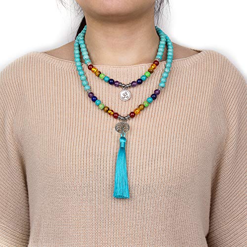 108 Mala Beads Necklace 7 Chakra Buddhist Prayer Beaded Bracelet Tree of Life Pendant Stone Yoga Necklace - color: Tassel-Turquoise