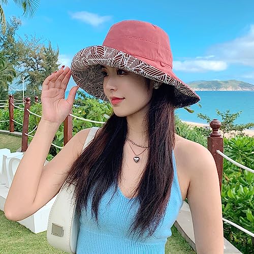 HUAMULAN Women Summer Sun Hat Wide Brim Wired Edge Floral Beach Bucket Hats Reversible Foldable Travel UV Protection Lady Hat - color: M2246-jiuhong