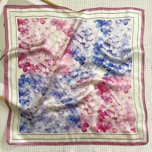 FONYVE 100% Mulberry Silk Scarfs for Women-Lightweight Square Satin Head Scarf-Small Silk Hair Scarf for Sleeping 21"x21" - color: 19 Pink & Purple Flower
