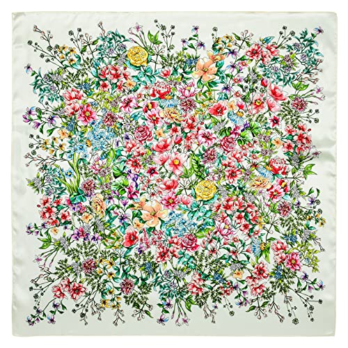 Stlvoll 100% Silk Head Scarf for Women - 27" Hair Scarves Satin Bandanas Square for Night Sleeping with Gift Packed - color: White/Flower