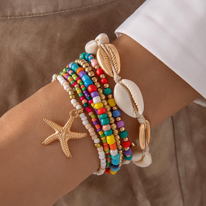 Pingyongchang Bohemian Stackable Shell Beaded Ankle Bracelets for Women Colorful Boho Multi-Layer Seashell Gold Starfish Adjustable Handmade Braid Bracelet Summer Beach Holiday Accessories Gifts - color: Multi