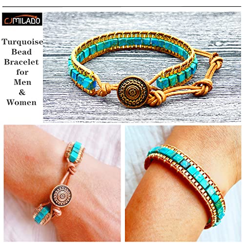 Mens Genuine Leather Bracelet - Handmade Adjustable Leather Cuff Bracelet punk Style leather wrap Wristband for Men - color: W-Turquoise Bead