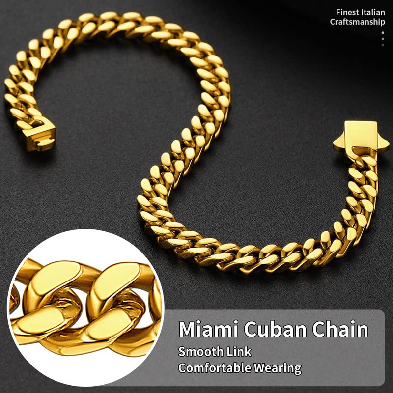 ChainsHouse Stainless Steel Cuban Link Bracelet for Men, 5mm/7mm/9mm/12mm Width, 7.5"/8.3"/9" Length, Black/18K Gold Plated Chain Wrist Bracelets for Men, with Gift Box - color: c. 5mm width-gold, size: 7.5 Inches