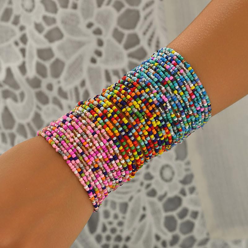 Caiyao 36Pcs Colorful Elastic Seed Beaded Bracelets Set Bohemia Multilayer Rainbow Beaded Stretch Bracelet Anklet Adjustable Glass Beads Wristbands for Women Summer Beach Boho Vaction Jewelry - style: StyleB