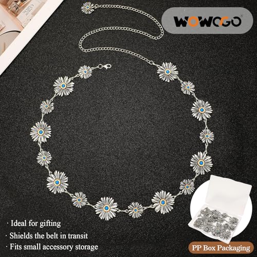 Western Turquoise Chain Belt for Women with Daisy Pattern Cowgirl Concho Metal Waist Belt for Boho Country - color: 1-silver(turquoise), size: Fit for Mid Waist up to 51"