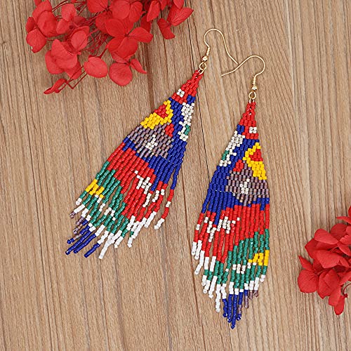 Flower Black Beaded Long Tassel Western Native American Earrings For Women Dangling - color: blue