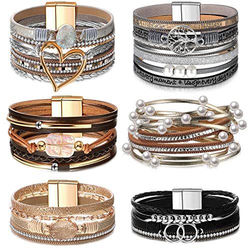 Yinkin 6 Pcs Boho PU Leather Wrap Bracelets for Women Stack Multi Layer Bohemian Cuff Bracelets trendy Jewelry Gifts - style: Stylish