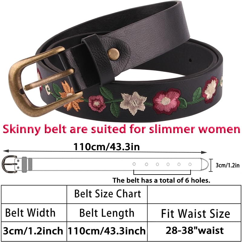 Utaly Women's Floral-Embroidered-Black-Leather-Belt - Vintage Boho Country Style Flower-Belts