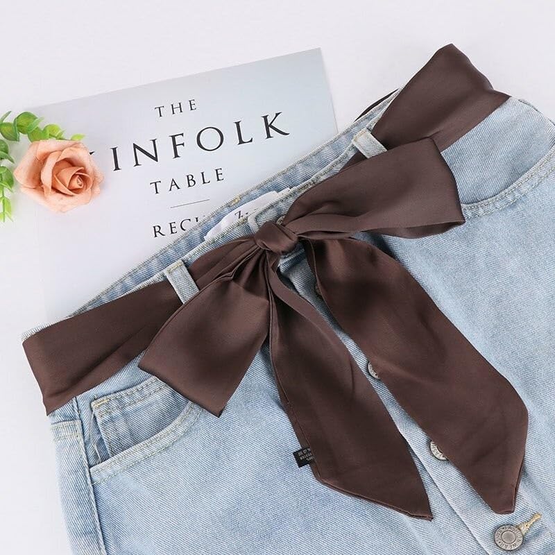 Long Thin Skinny Scarf Satin Neckerchief Ribbon Tie Waist Belt for Women - color: Coffee