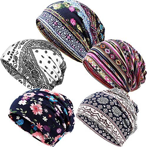 SATINIOR 5 Pieces Women's Slouchy Beanie Chemo Hat Stretch Cancer Head Wraps Sleep Head Scarf for Cancer Patient - color: Multicolor, style: Classic