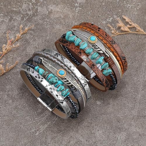 Turquoise Bracelet for Women, Boho Multilayer Leather Bracelet with Feather and Magnetic Clasp, Western Turquoise Jewelry - color: Brown
