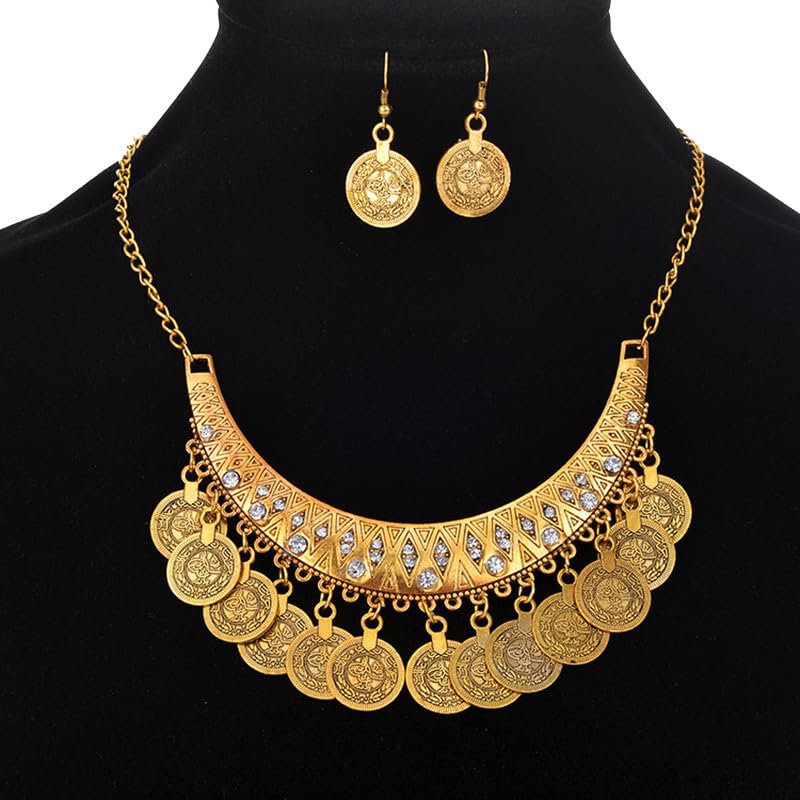 KZL 3PC Gypsy Jewelry Set Bohemian Coin Necklace Bracelet Earrings for Women Vintage African Indian Costume Festival Party Accessories - color: Rose Red