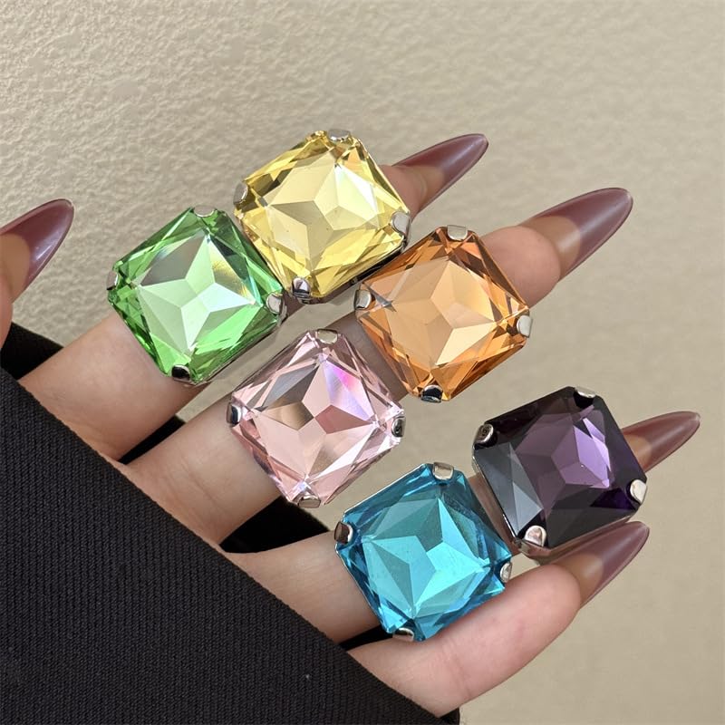 Square Large Rhinestone Exaggerated Statement Ring for Women Sparkling Thick Chunky Geometric Big Crystal Stone Finger Knuckle Band Rings Open Adjustable Wedding Brides Cocktail Prom Party Jewelry - color: Yellow