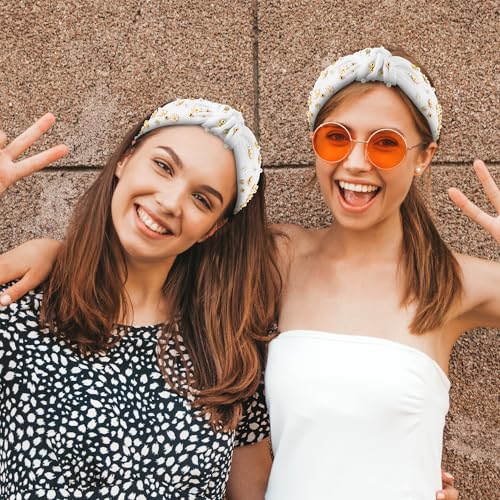 PANTIDE Daisy Jeweled Knotted Headband - Rhinestone Crystal Beads Embellished Headband Wide Top Knot Fashion Hairband Hair Accessories Spring Summer Birthday Holiday Gift for Women Girls (White) - color: White Daisy