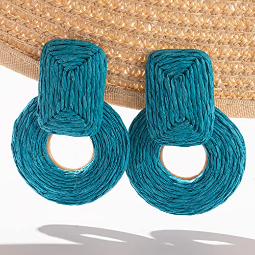 Statement Raffia Earrings Cute Boho Earrings Rattan Dangle Earrings Handmade Straw Wrap Earrings Summer Drop Dangling Earrings for Women Teen Girls - color: Blue