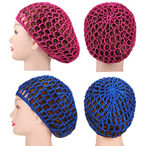 Geyoga 4 Pieces Mesh Crochet Hair Net Rayon Knit Snood Hat Thick Short Women Hairnet Snoods Cover Ornament for Sleeping (Pink, Rose Red, Green, Royal Blue) - color: Pink, Rose Red, Green, Royal Blue