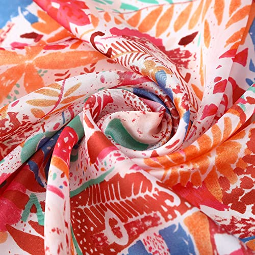 AWAYTR 27.5” Silk Satin Square Head Scarf - 4PCS Satin Head Scarves for Women Hair Kerchief Bandanas Sleeping Head Wraps - color: Flowering Leaves (Beige/Orange/Navy/Red)