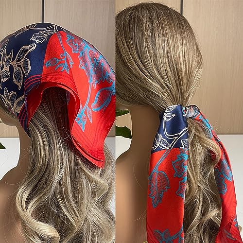 100% Mulberry Silk Neck Scarf 21''x21'' Small Square Hair Scarf for Women Men Lightweight Bandana Envelope Package - color: Floral- Blue Red