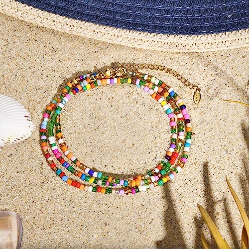 Multilayered Beaded Anklets for Women , Handmade Boho Colorful Beads Ankle Bracelets Foot Anklet,Adjustable Minimalist Summer Beach Foot Chain Anklet Surfer Jewelry Gifts for Girlfriend Sister