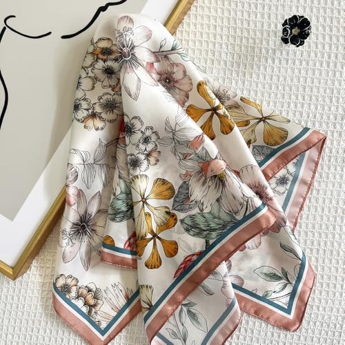 FONYVE 100% Mulberry Silk Scarfs for Women-Lightweight Square Satin Head Scarf-Small Silk Hair Scarf for Sleeping 21"x21" - color: 20 Pink Flower