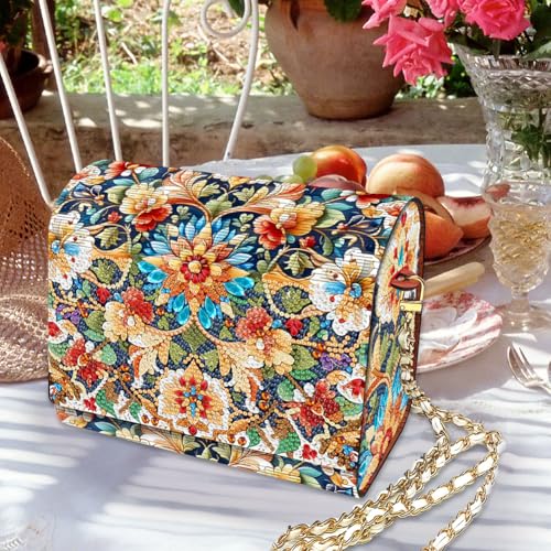 C'eitura Floral Diamond Art Wooden Clutch with Chain, DIY 5D Rhinestone Shoulder Bag, Elegant Botanical Purse, Wedding Gift for Women - color: Skb205