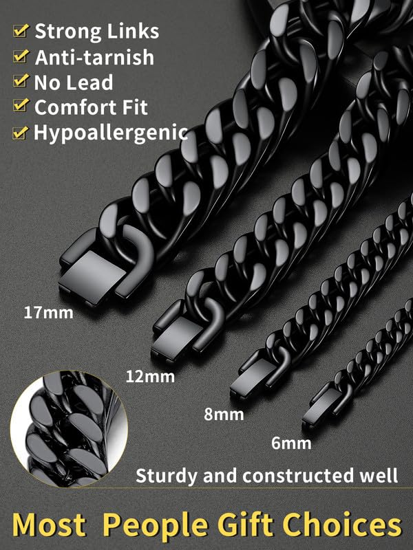 ChainsHouse Stainless Steel Cuban Link Bracelet, 8mm/12mm/17mm Width, 7.5"/8.3"/9", 18K Gold Plated Chain Wrist Bracelets for Men Women, Send Gift Box - color: I: Black-12mm width