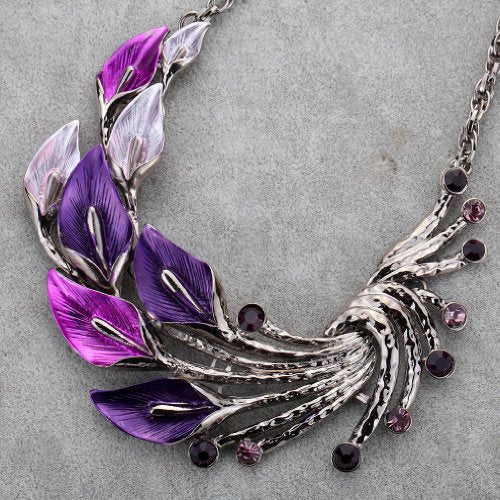 YAZILIND Ethnic Style Tibetan Silver Peacock Crystal Chunky Bib Earrings Necklace Set Wedding Party - color: Purple