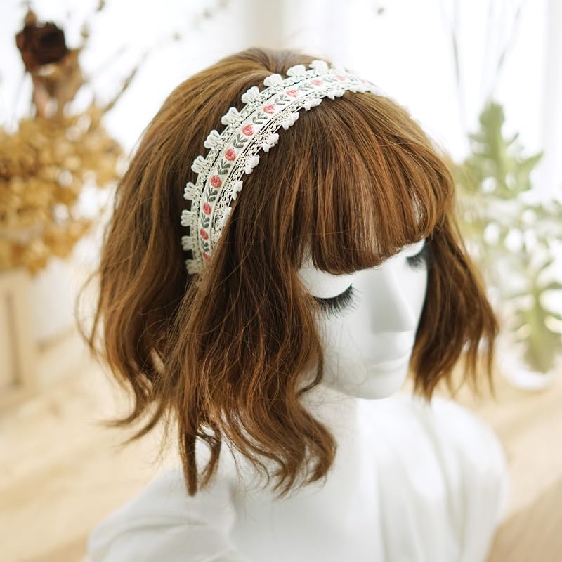 Bohemian Headband for Women-Floral Embroidered Headwrap with Lace Trim Vintage Cute Hair Band for Daily Boho Chic Style (8-Beige, One Size) - color: 8-Beige