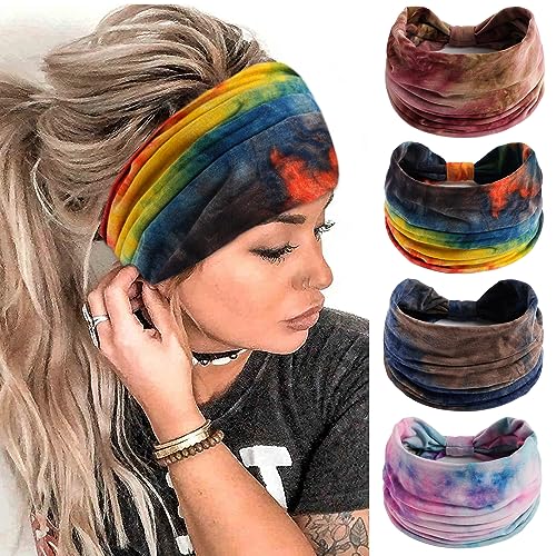 FULZTEY Wide Headbands for Wome Fashion Tie Dye Hairbands Non Slip Knotted Headwraps Stylish Boho Bandanas Elastic Workout Yoga Sweat Turban Cute Head Bands for Women's Hair Accessories 4pcs - color: Style 23