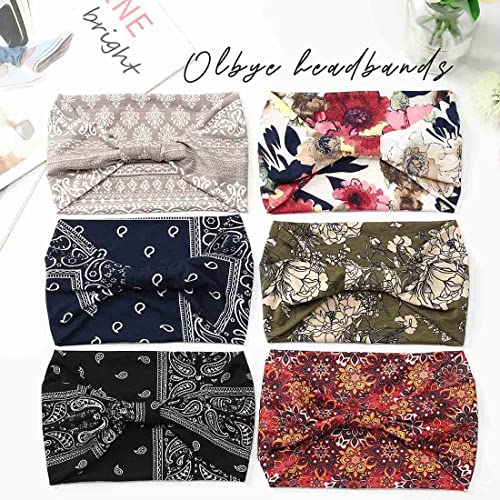 Olbye Wide Headbands Knotted Turban Headband Floral Non Slip Elastic Hairbands Workout Head Wraps Yoga Hair Scarfs Boho Fashion Hair Accessories for Women 6 Pcs (Chic)
