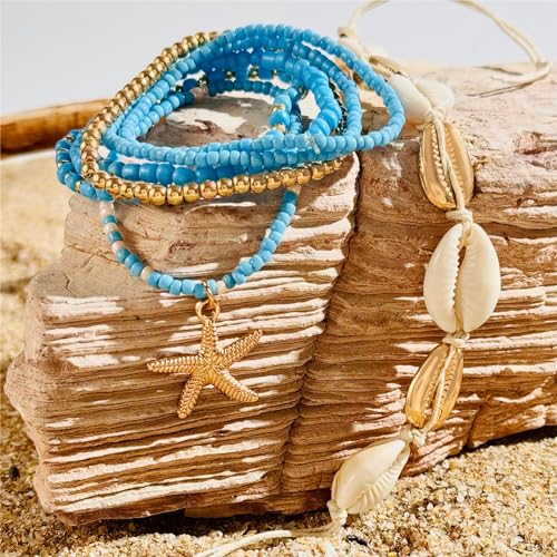 Pingyongchang Bohemian Stackable Shell Beaded Ankle Bracelets for Women Colorful Boho Multi-Layer Seashell Gold Starfish Adjustable Handmade Braid Bracelet Summer Beach Holiday Accessories Gifts - color: Blue