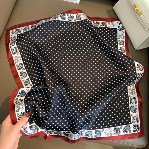 Aufeel Women's 100% Pure Mulberry Silk Small Square Scarf - Neckerchief Women - Silk Headscarf - 21" x 21" - color: Black Dot