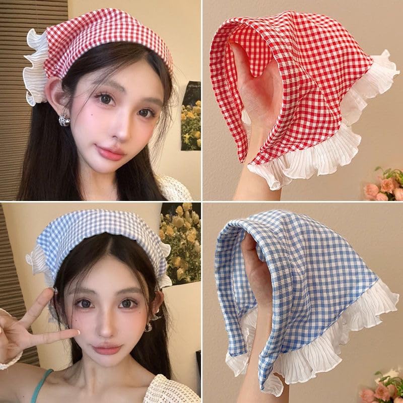 Women's Lace Bandana Headband, Vintage Gingham Triangle Scarf with Bow, French Retro Style for Boho Chic & Casual Outfits (24-Cherry blossom, One Size) - color: 24-Cherry blossom