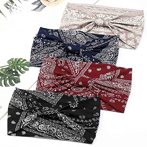 Acenail Boho Headbands Wide Head Bands Knotted Turban Headband Nonslip Elastic Hairbands Floral Hairband Workout Hair Scarfs Yoga Sweatbands Bohemian Head Wraps for Women 4Pcs (#4 Bohemian)