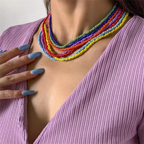 Colorful Beaded Necklace for Women 7Pcs Handmade Rainbow Layered Rice Beaded Necklaces Vintage Seed Bead Choker Necklace Bohemian Hawaiian Beach Adjustable Jewelry Gifts
