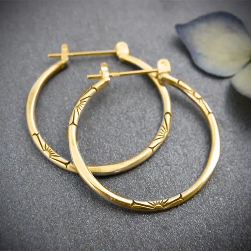 1Pair Fashion Vintage Engraved Sunburst Big Circle Earrings for Women Daily Casual Party Wear Simple Silvery Hoop Earrings - color: golden