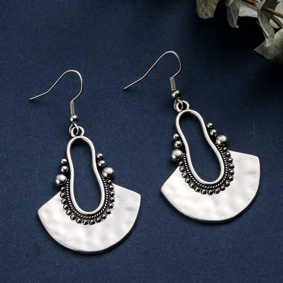 Silver Dangle Earrings For Women Trendy,Boho Cute Drop Western Earings,Vintage Gothic Ethnic Statement Beach Vacation Long Earrings with Leaf Teardrop Turquoise Crystal Tassels,Fashion Jewelry Birthday Gift. - color: A1) Silver Fan Shaped