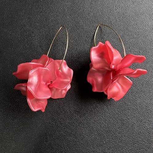 Exaggerated Bohemian Resin Rose Flower Petal Dangle Drop Earrings Long Acrylic Tiered Floral Tassel Earring for Women - color: Pearl Red