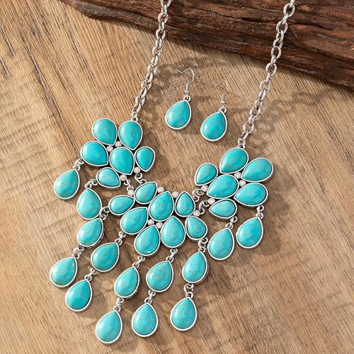 4 PCS Western Turquoise Jewelry for Women Boho Vintage Navajo Pearl Necklace Earring Bracelet Ring Set Country Cowgirl Accessories for Gift - color: C-Blue