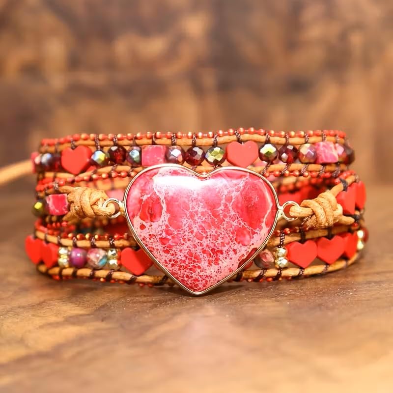 Women Wrap Bracelet Boho Natural Jasper Crystal Stone Beads Strand Bracelets - color: Red Heart