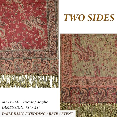 Achillea Reversible Paisley Pashmina Rave Scarf – Exotic Indian Shawls and Wraps for Evening Dresses, Festivals, All Seasons - color: Burgundy