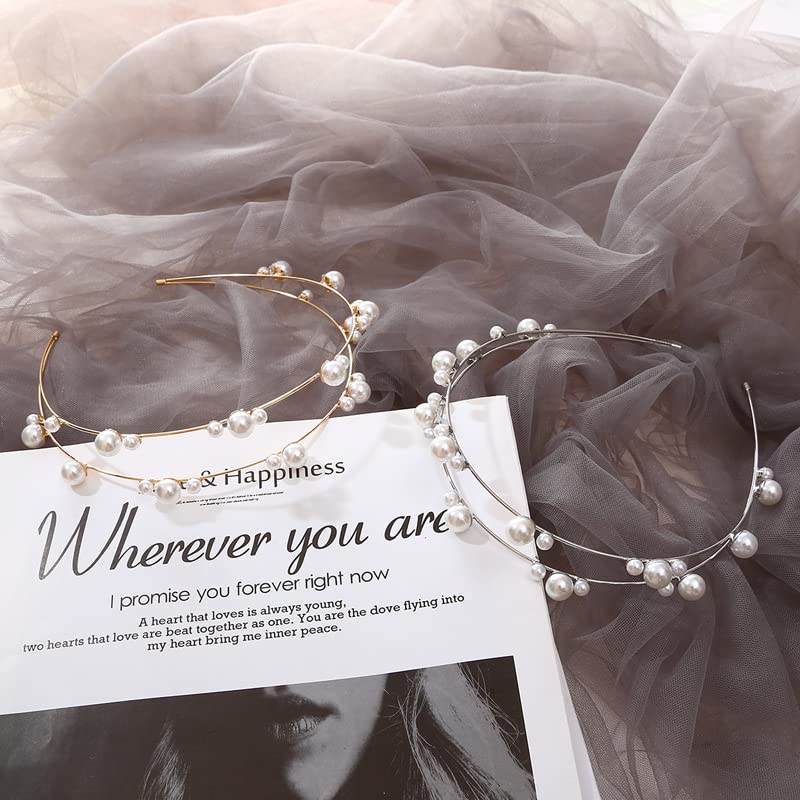 Double Layer Pearl Beaded Headbands Hair Hoops Bridal Hairbands Wedding Hair Accessories Fashion Elegant Pearl Headbands for Women Girls (Gold) - color: Gold