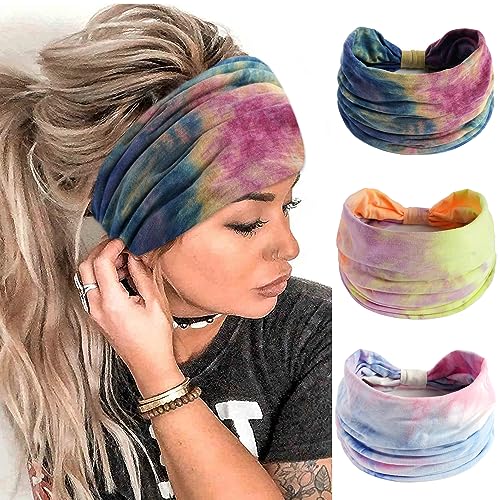 FULZTEY Wide Headbands for Women Cute Boho Hairbands Tie Dye Headwraps Elastic Workout Yoga Sweat Band Non Slip Bandanas Knot Turban Fashion Head Bands for Women's Hair Accessories Teenage Girls 3Pcs - color: Style 27